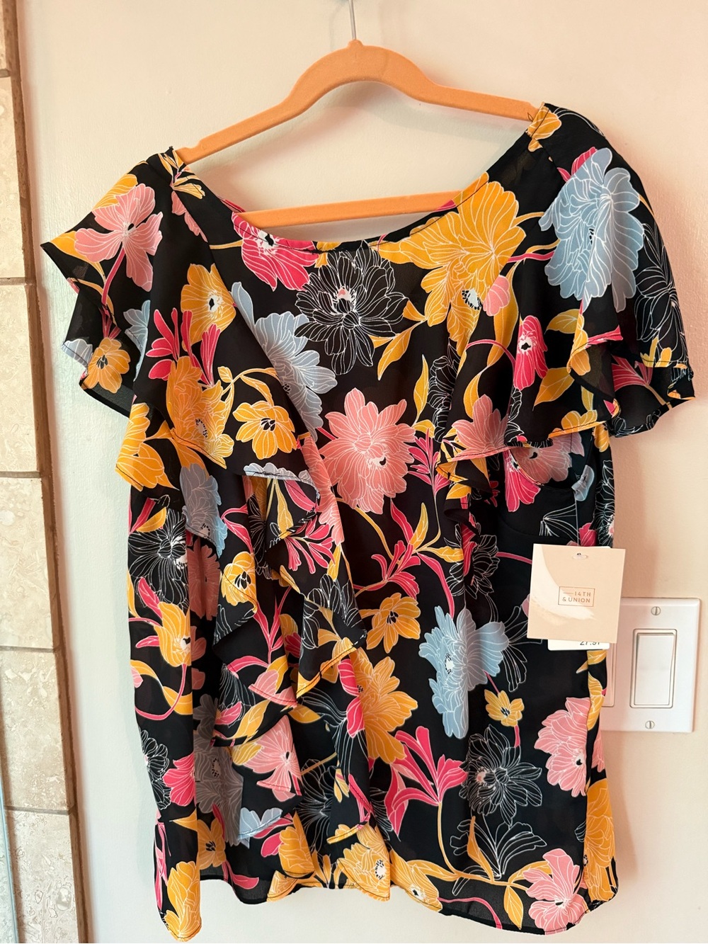 14th & Union Black Floral Ruffle Blouse with Yellow, Pink & Light Blue Accents